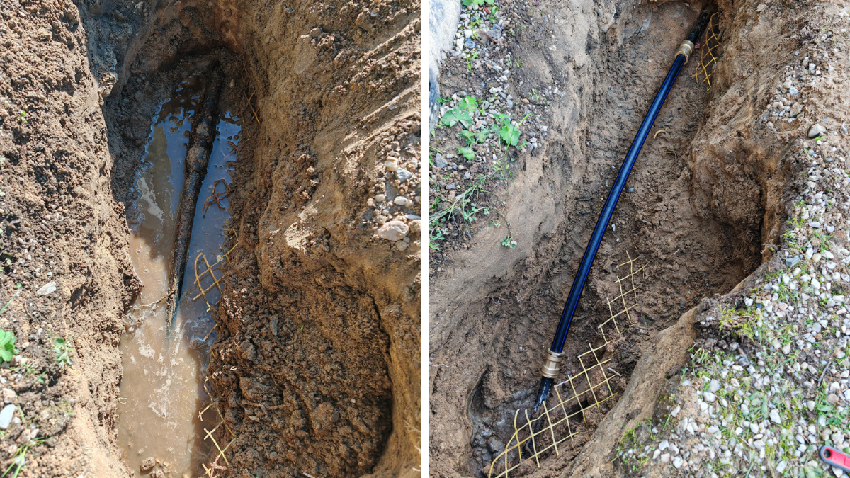 Avant après recherche et réparation de fuite d’eau enterrée dans une tranchée